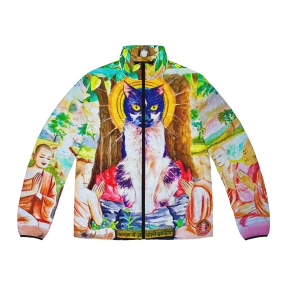Pussycat Paradise Puffer - Zen Cat Worship Feline Buddha Artisan Quilted Jacket - Picture 7 of 12
